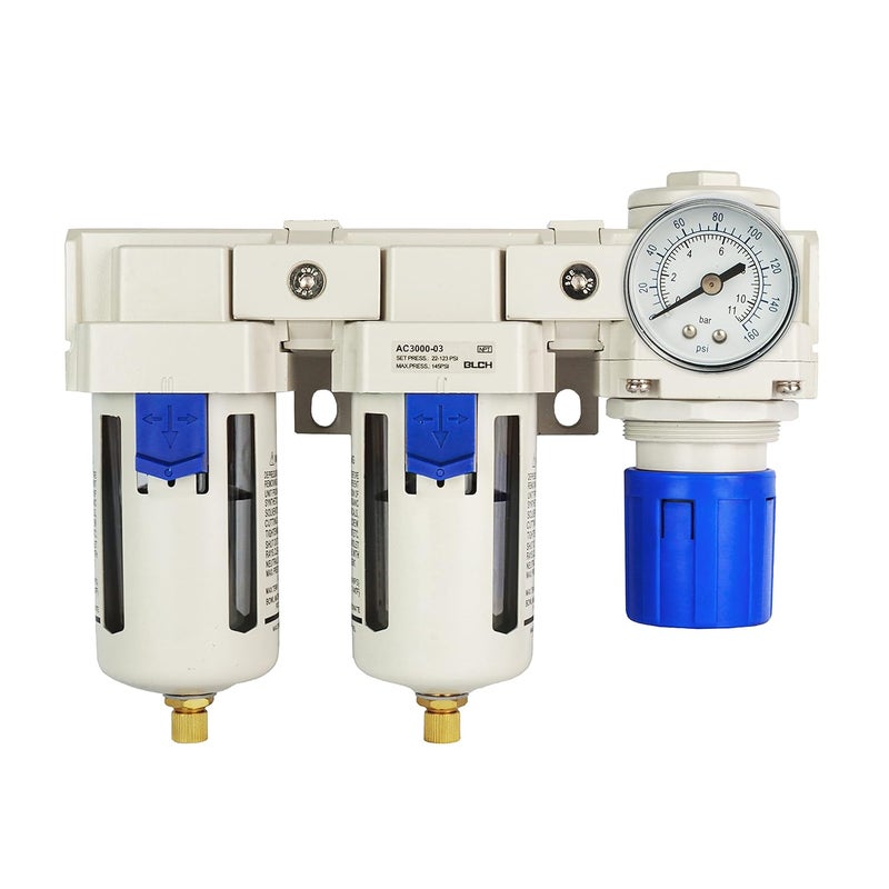 BLCH 3/8" NPT Air Compressor Filter - Double Compressed Air Dryer Air Compressor Regulator AC3000-03 Semi-Auto Drain Poly Bowl Gauge 0-160 PSI Brass - Image 1